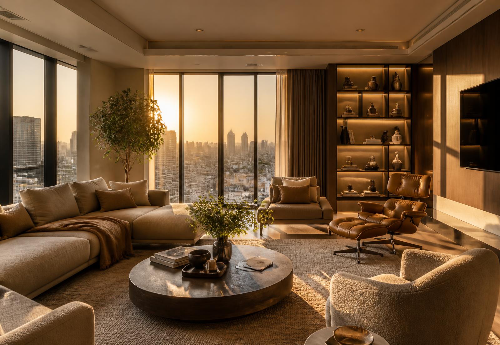 Warmly lit contemporary serviced apartment living room